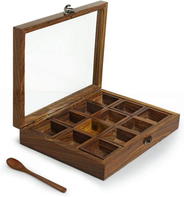 IBLAY Spice Box with 12 Containers & Spoon in Sheesham Wood - Wooden Spice Box Set for Kitchen Masala Spice Boxes Masala Daani Namak Dani Dabba Multipurpose Decorative Boxes